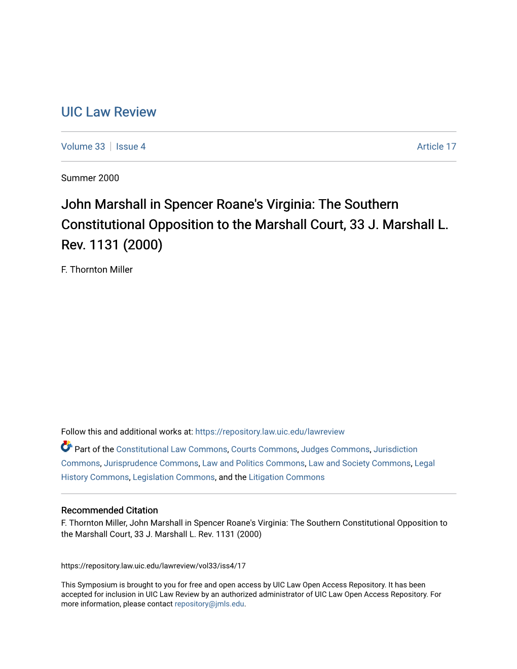 John Marshall in Spencer Roane's Virginia: the Southern Constitutional Opposition to the Marshall Court, 33 J