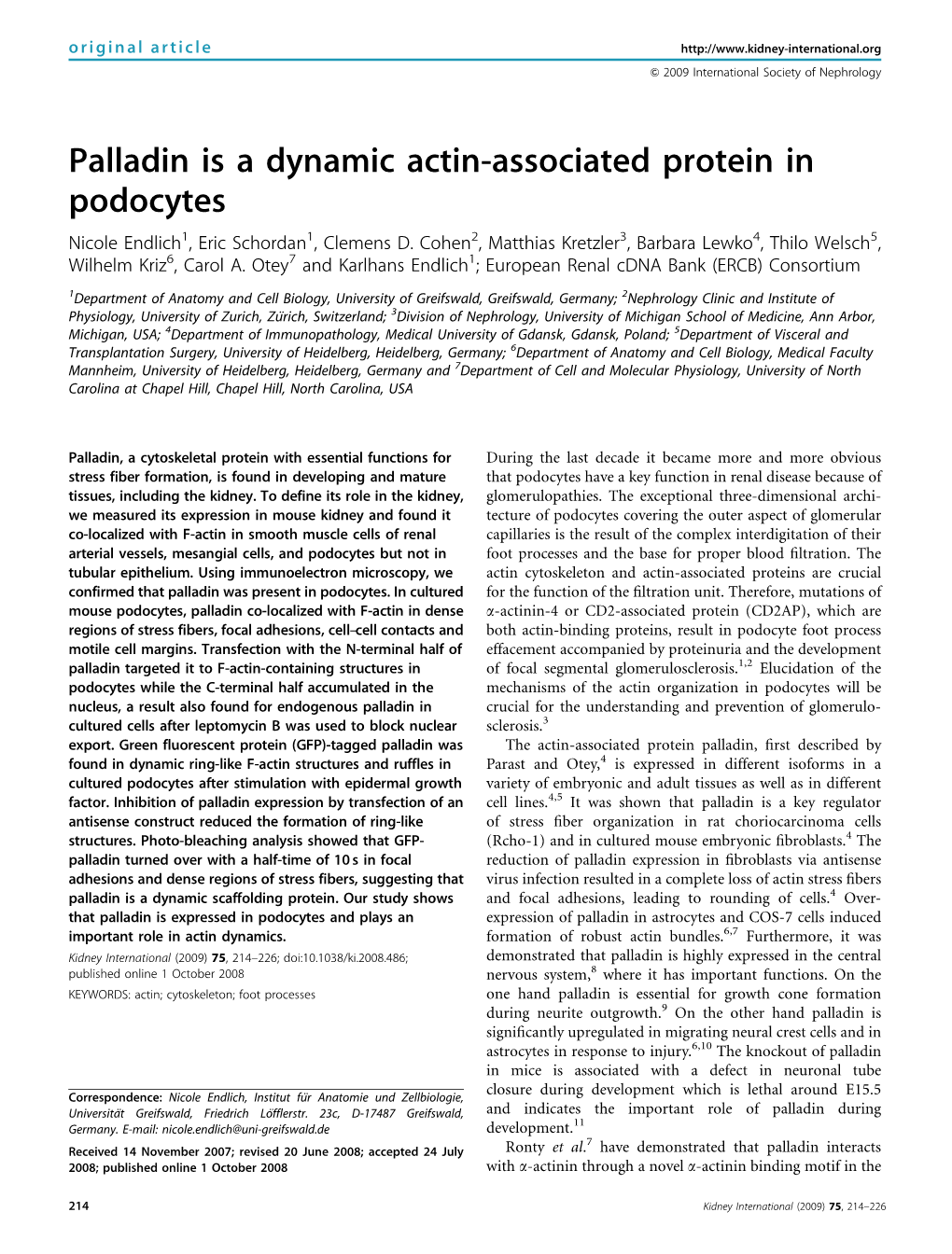 Palladin Is a Dynamic Actin-Associated Protein in Podocytes Nicole Endlich1, Eric Schordan1, Clemens D