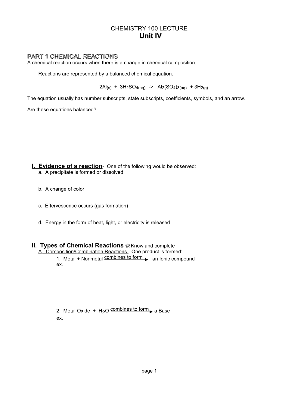 Part 1 Chemical Reactions