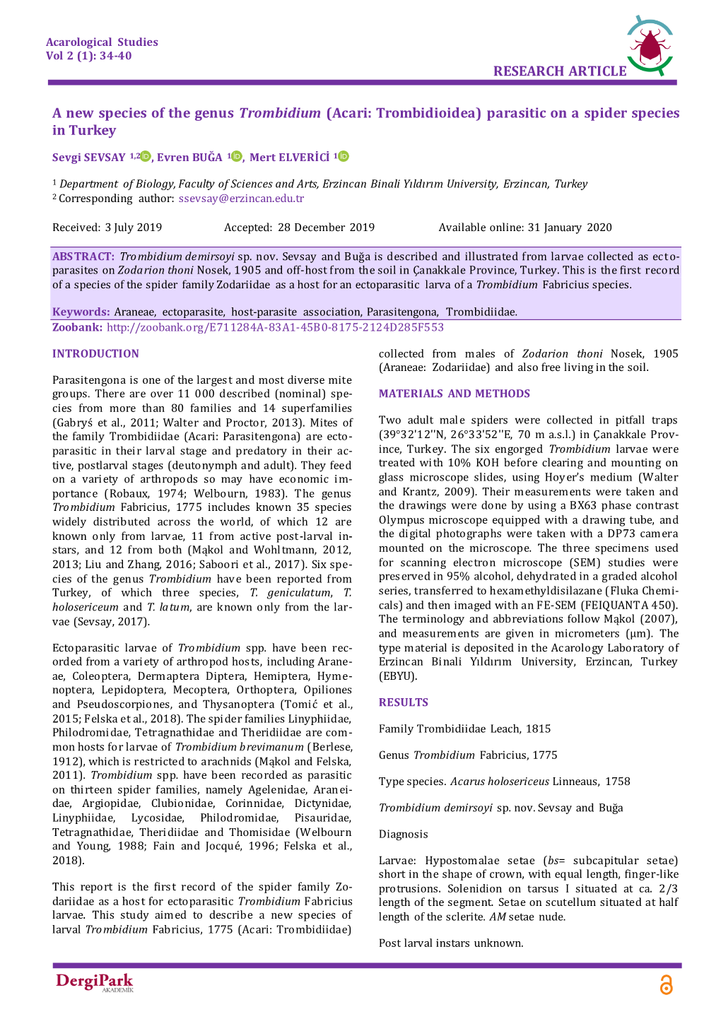 A New Species of the Genus Trombidium (Acari: Trombidioidea) Parasitic on a Spider Species in Turkey