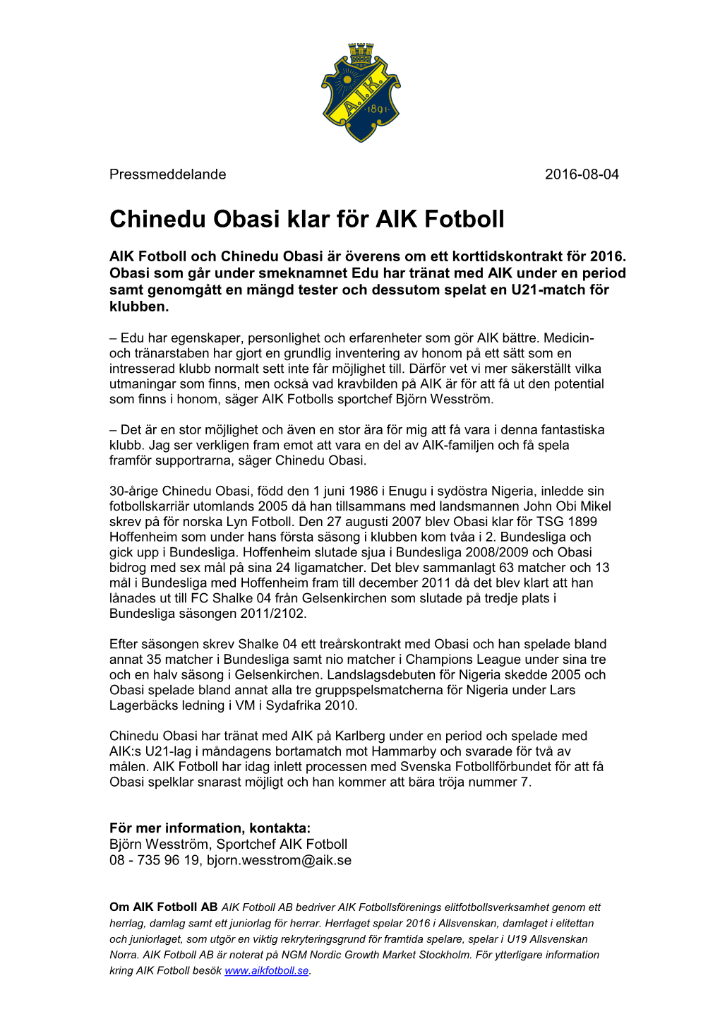 Chinedu Obasi Klar För AIK Fotboll