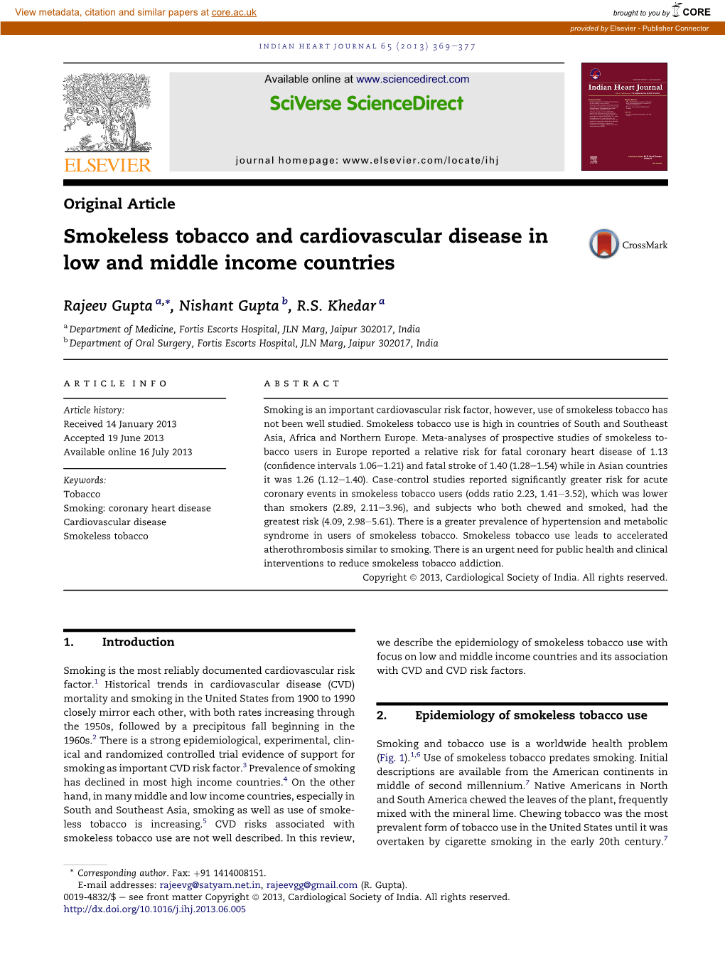 Smokeless Tobacco and Cardiovascular Disease in Low and Middle Income Countries