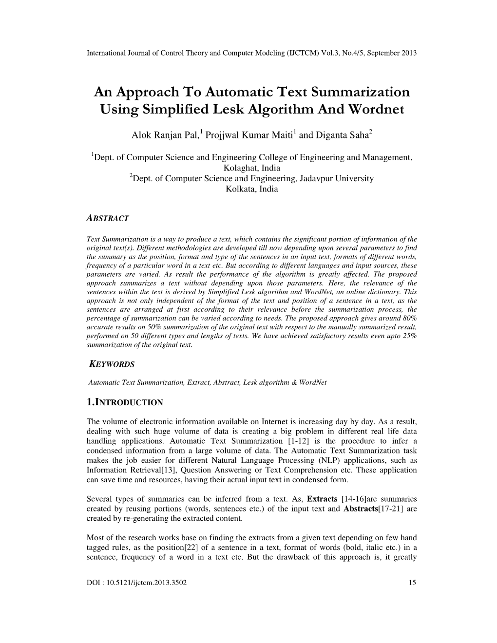 An Approach to Automatic Text Summarization Using Simplified Lesk Algorithm and Wordnet