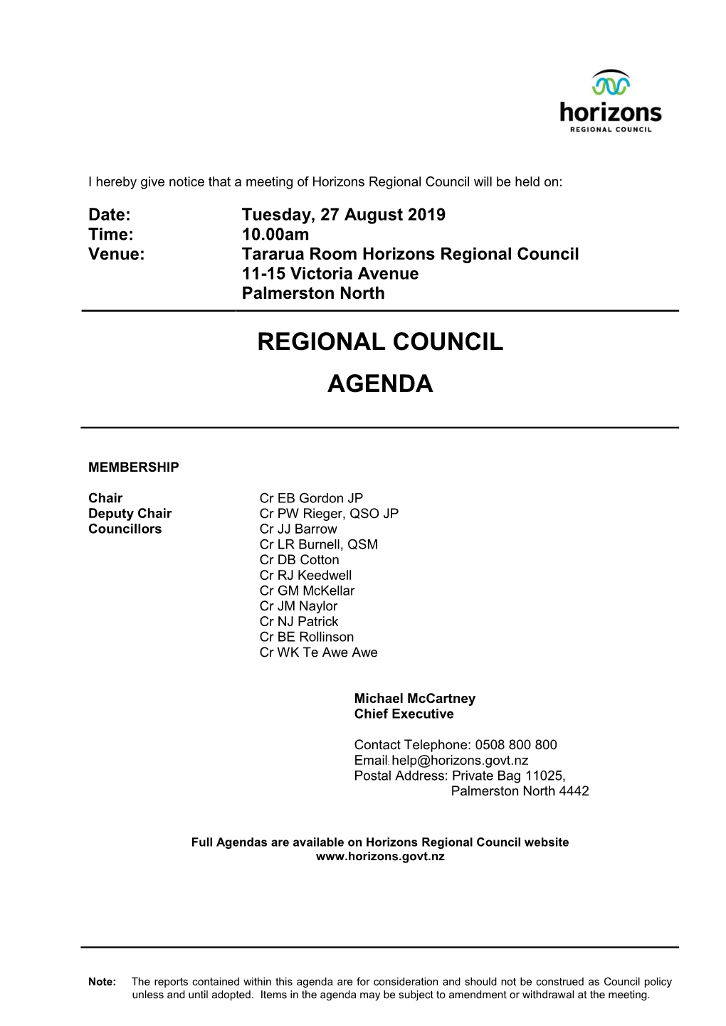 Agenda of Regional Council