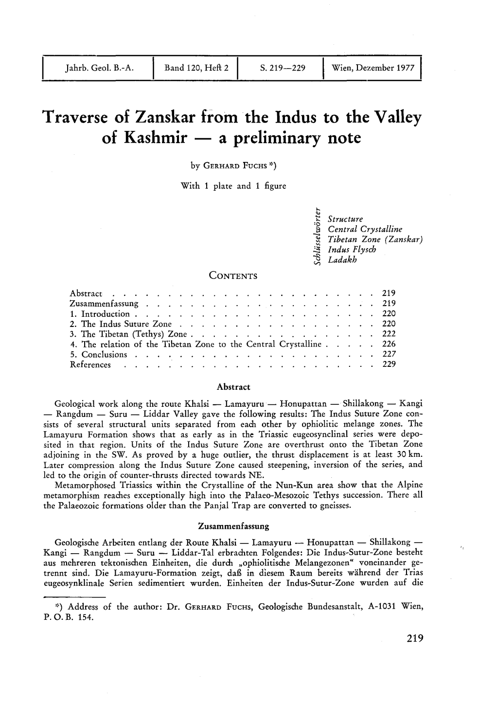 Traverse of Zanskar from the Indus to the Valley of Kashmir — a Preliminary Note