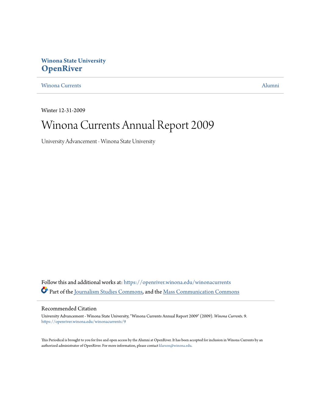 Winona Currents Annual Report 2009 University Advancement - Winona State University