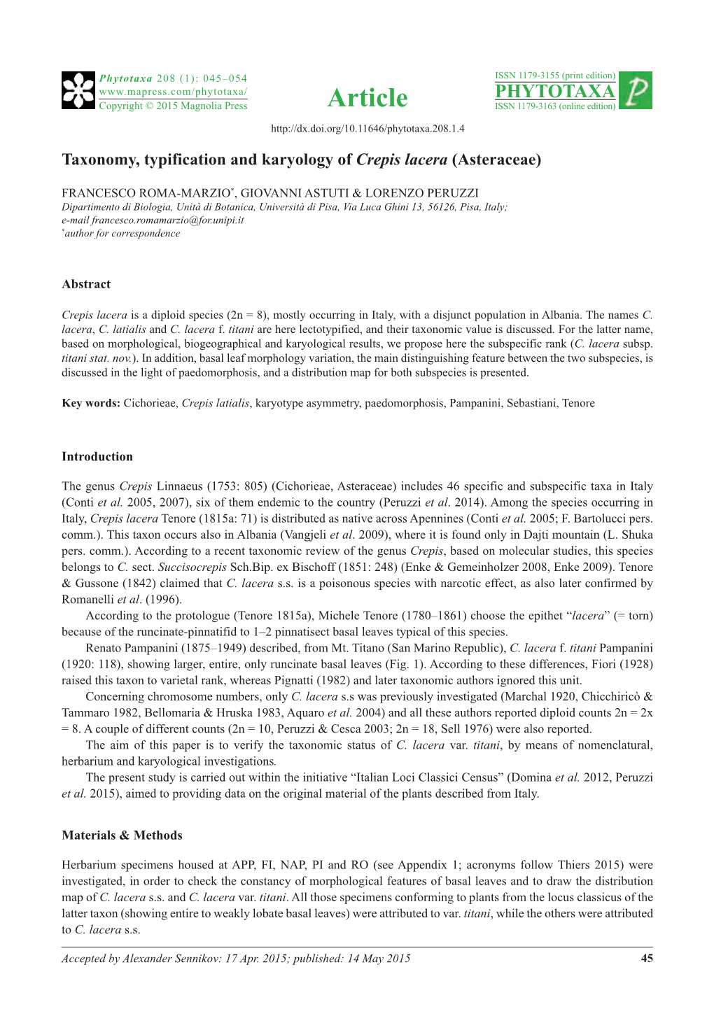 Taxonomy, Typification and Karyology of Crepis Lacera (Asteraceae)