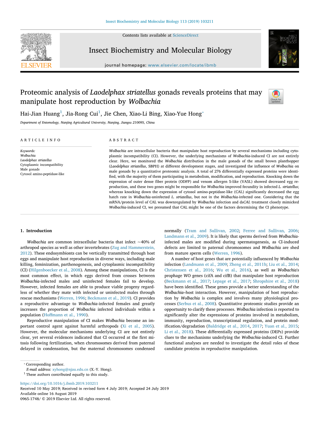 Proteomic Analysis of Laodelphax Striatellus Gonads Reveals Proteins