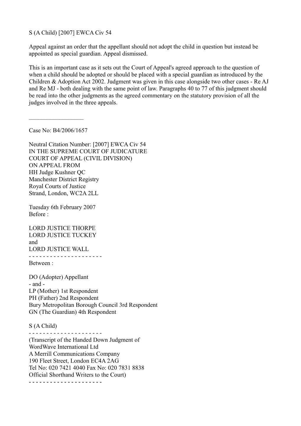 S (A Child) 2007 EWCA Civ 54