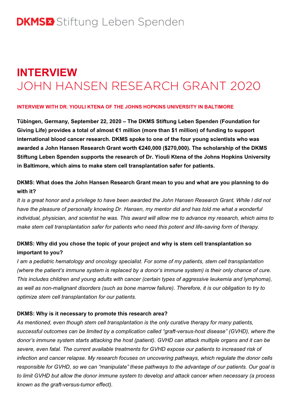 John Hansen Research Grant 2020