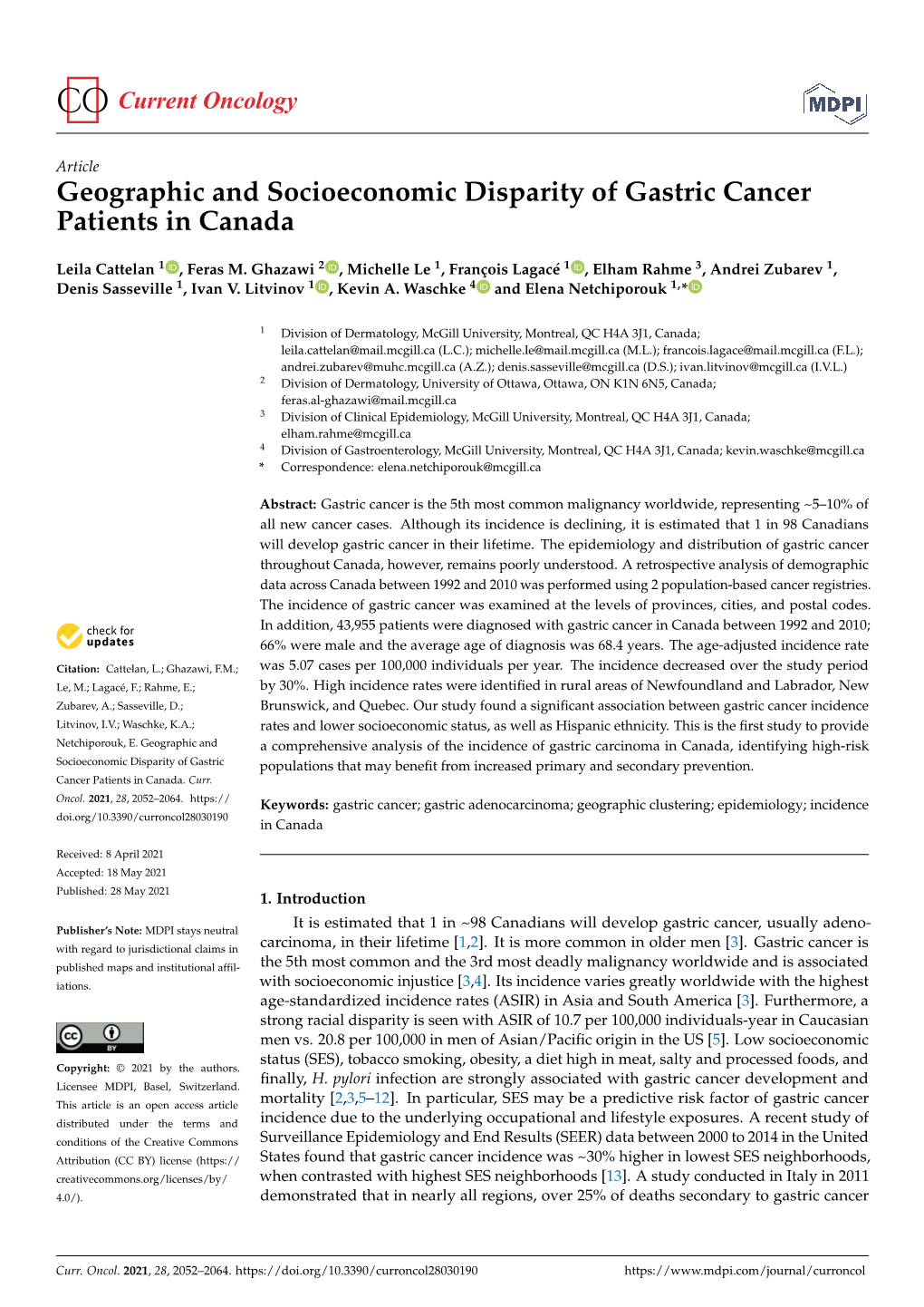 Geographic and Socioeconomic Disparity of Gastric Cancer Patients in Canada