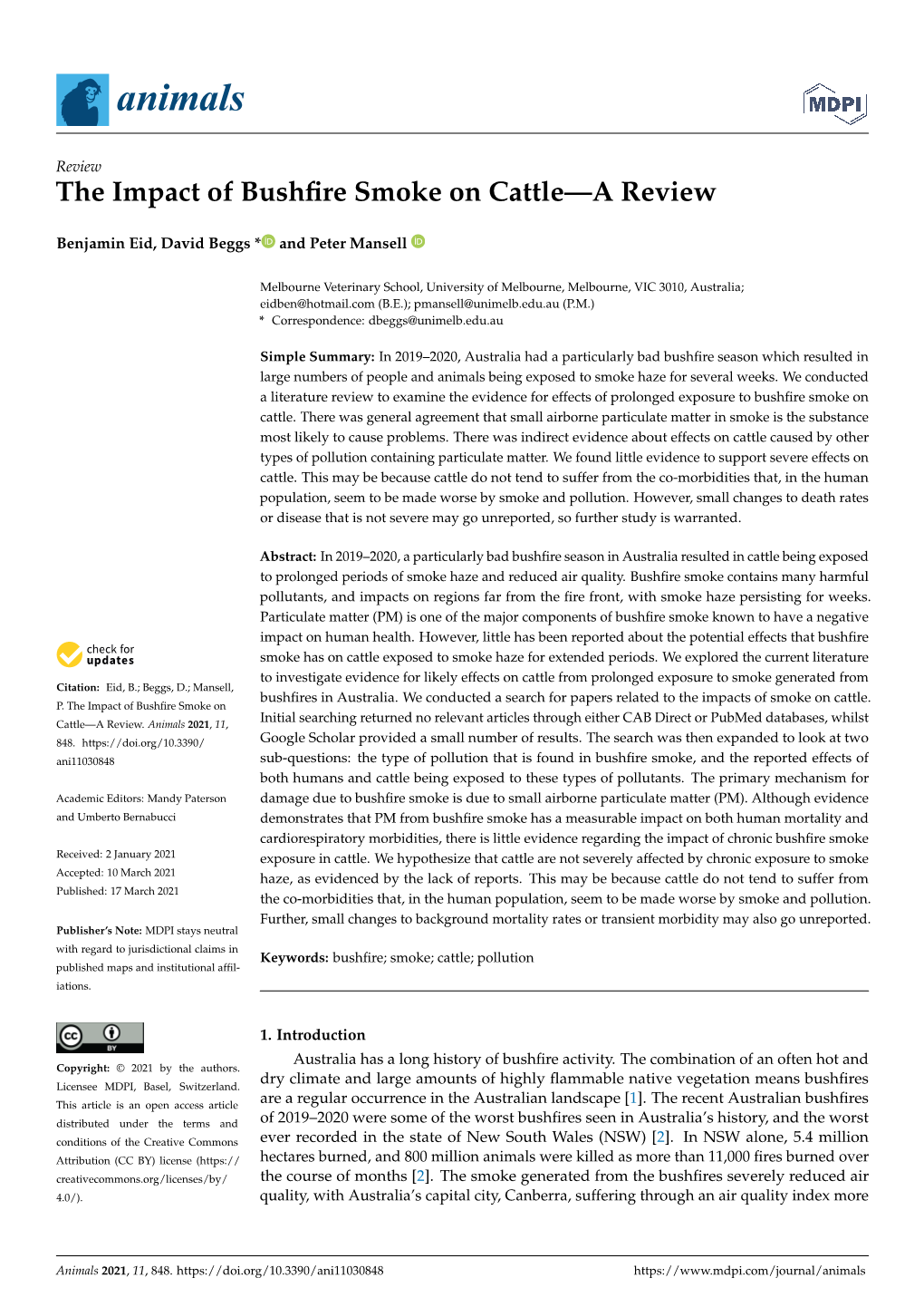 The Impact of Bushfire Smoke on Cattle—A Review