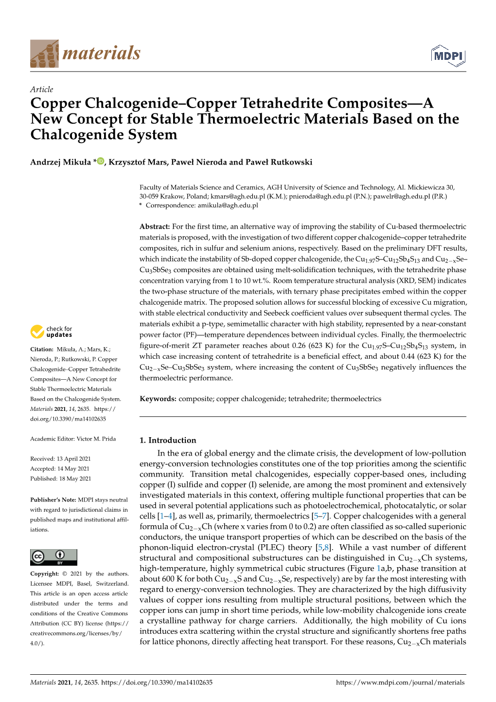 Copper Chalcogenide–Copper Tetrahedrite Composites—A New Concept for Stable Thermoelectric Materials Based on the Chalcogenide System