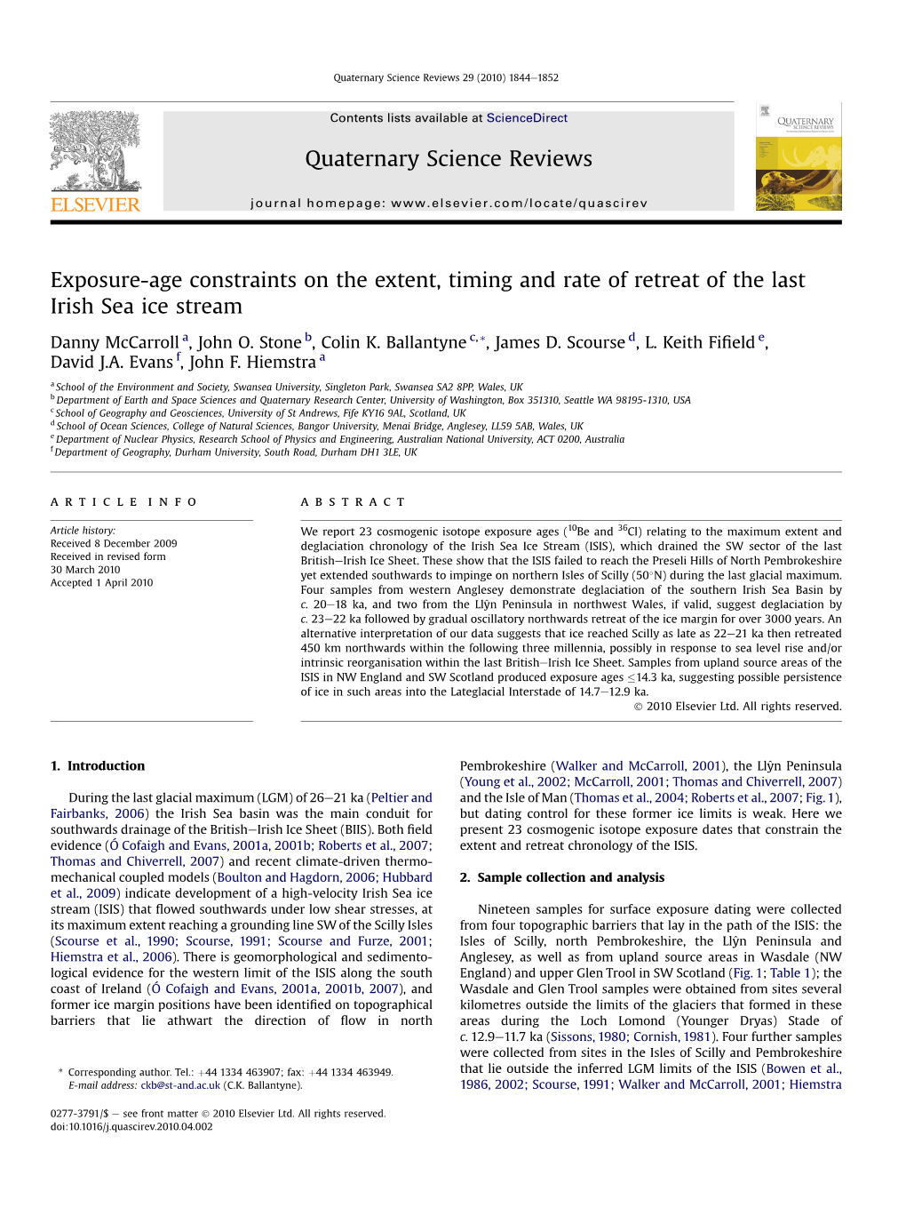 Exposure-Age Constraints on the Extent, Timing and Rate of Retreat of the Last Irish Sea Ice Stream