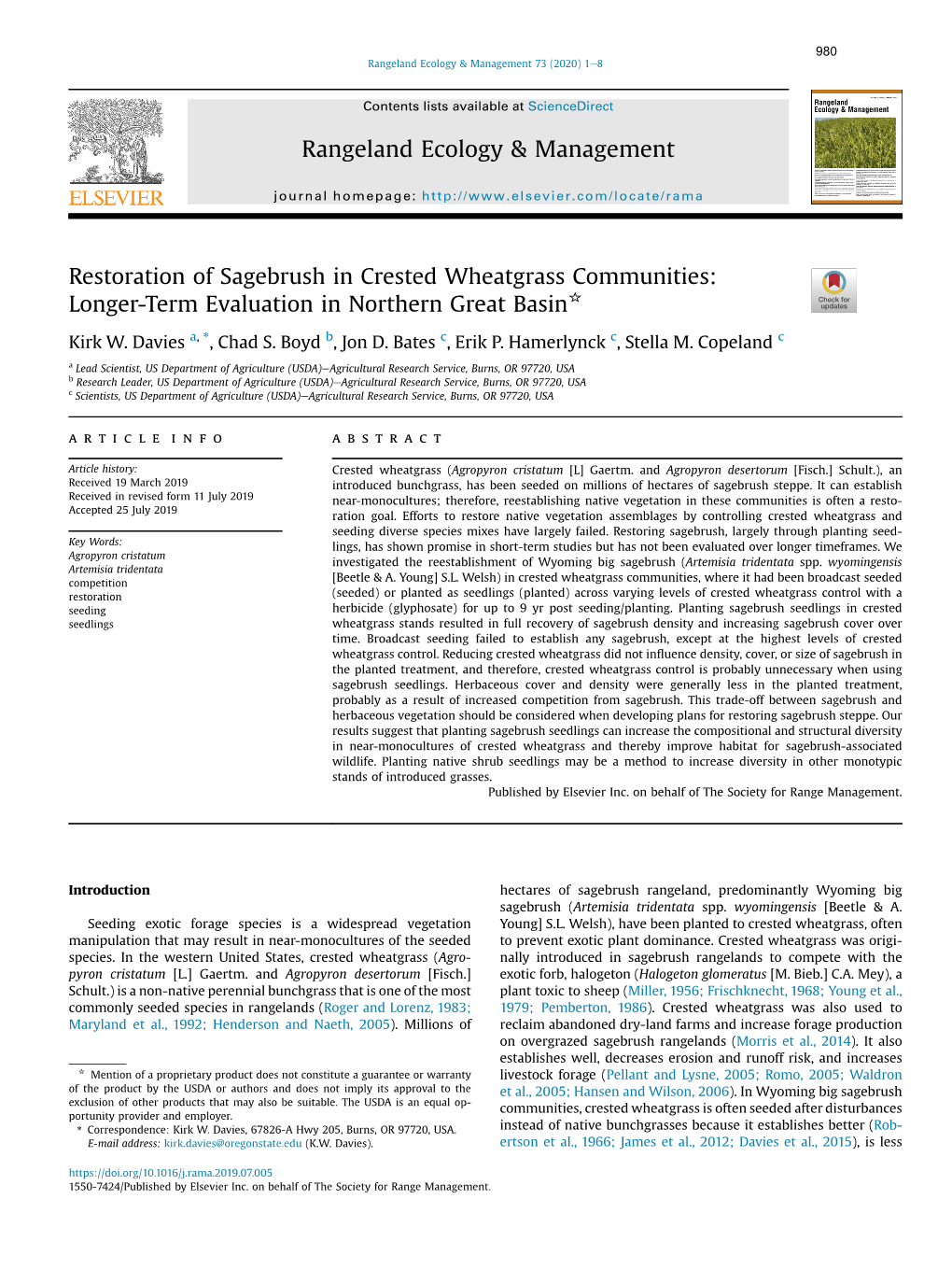 Restoration of Sagebrush in Crested Wheatgrass Communities: Longer-Term Evaluation in Northern Great Basin*