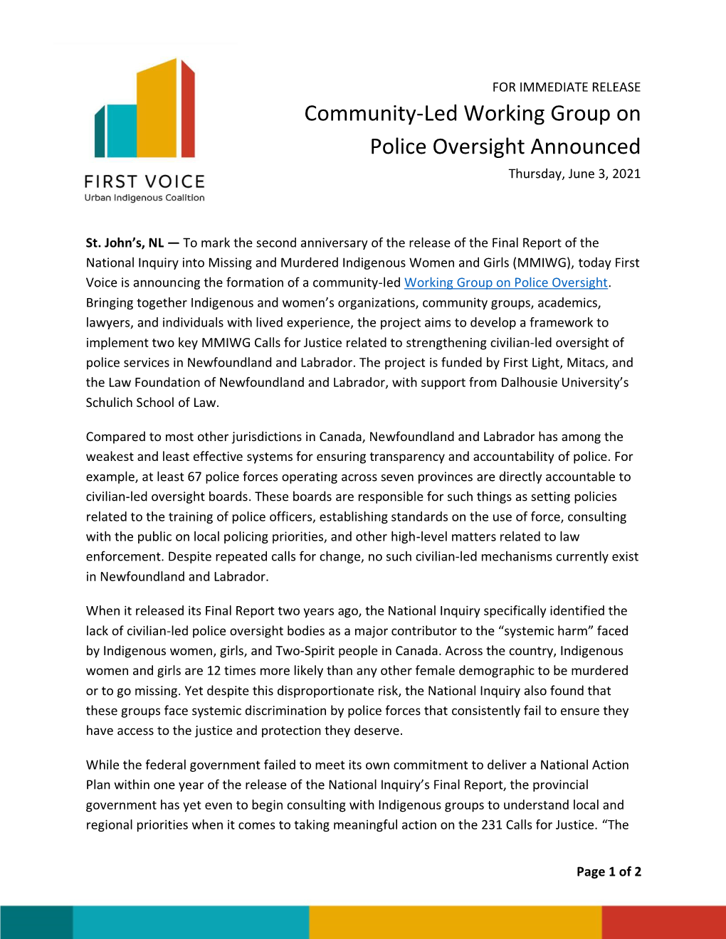 Community-Led Working Group on Police Oversight Announced Thursday, June 3, 2021
