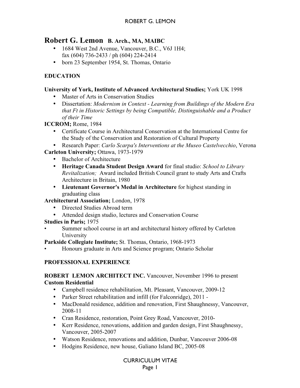 ROBERT G. LEMON CURRICULUM VITAE Page 1