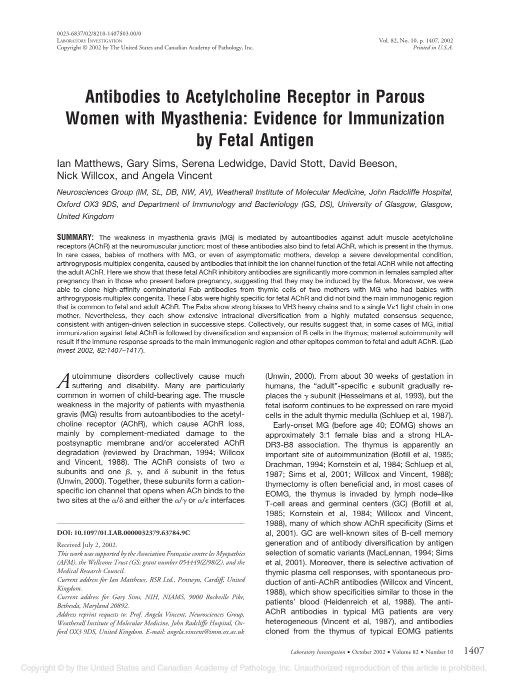 Antibodies to Acetylcholine Receptor in Parous Women With