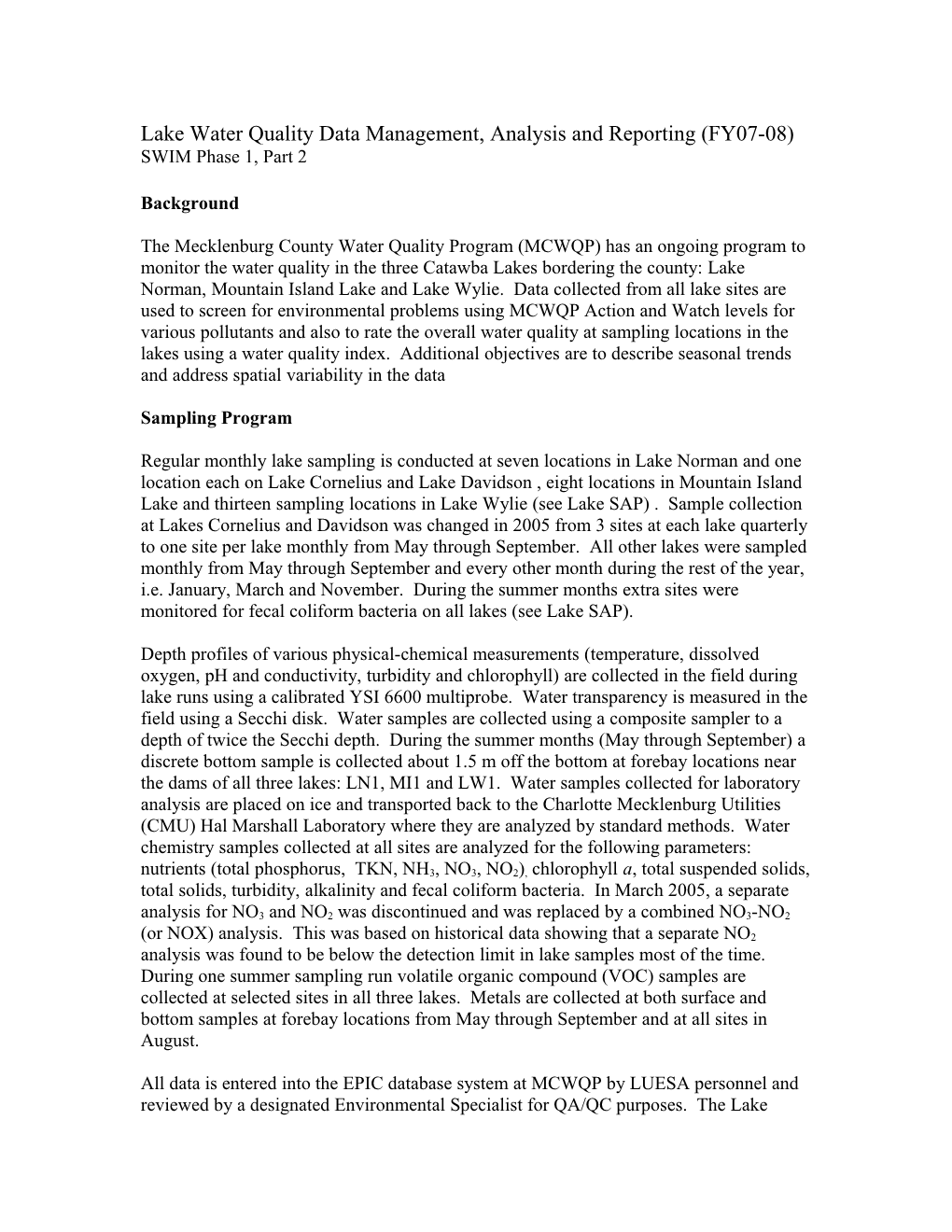 Lake Water Quality Data Management, Analysis and Reporting (FY06-07)