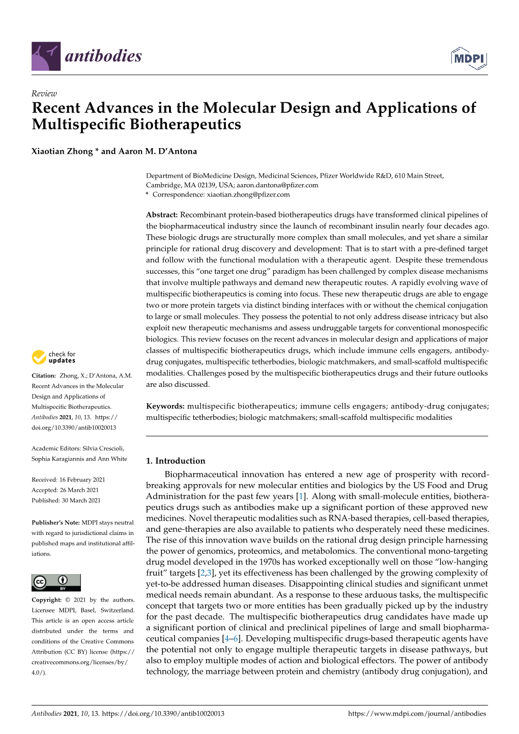 Recent Advances in the Molecular Design and Applications of Multispeciﬁc Biotherapeutics