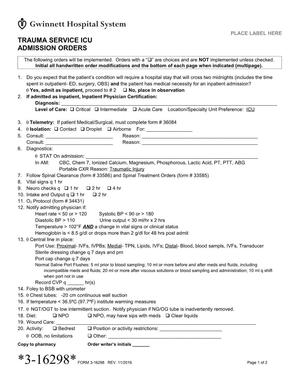 Trauma Service ICU Admission Orders