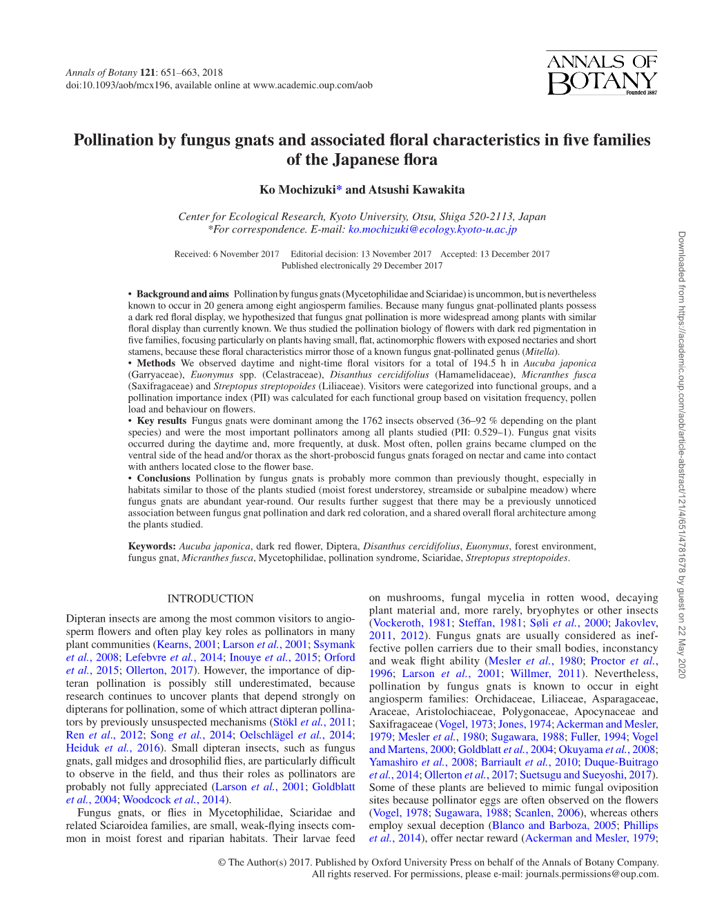 Pollination by Fungus Gnats and Associated Floral Characteristics in Five Families of the Japanese Flora