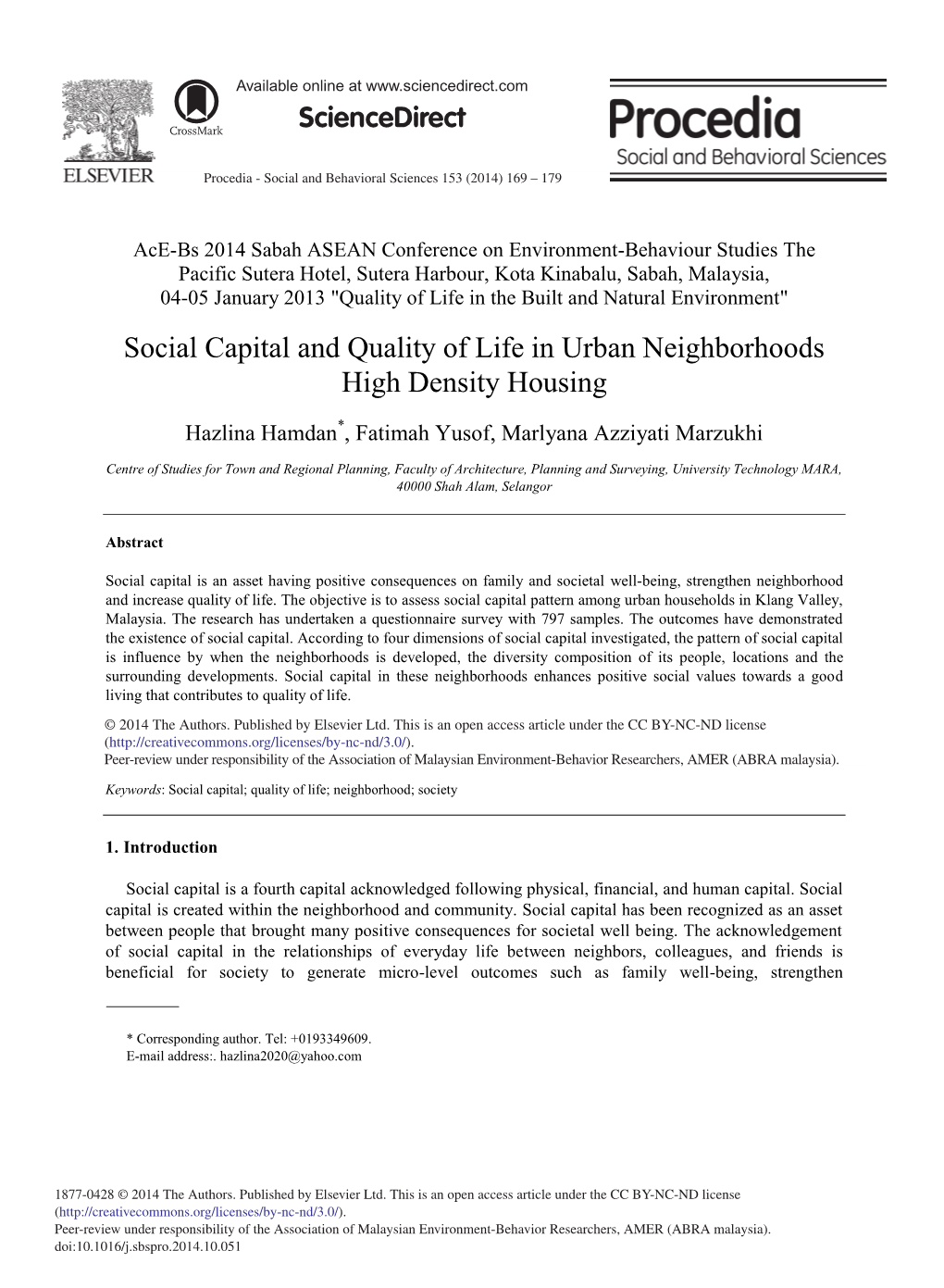 Social Capital and Quality of Life in Urban Neighborhoods High Density Housing