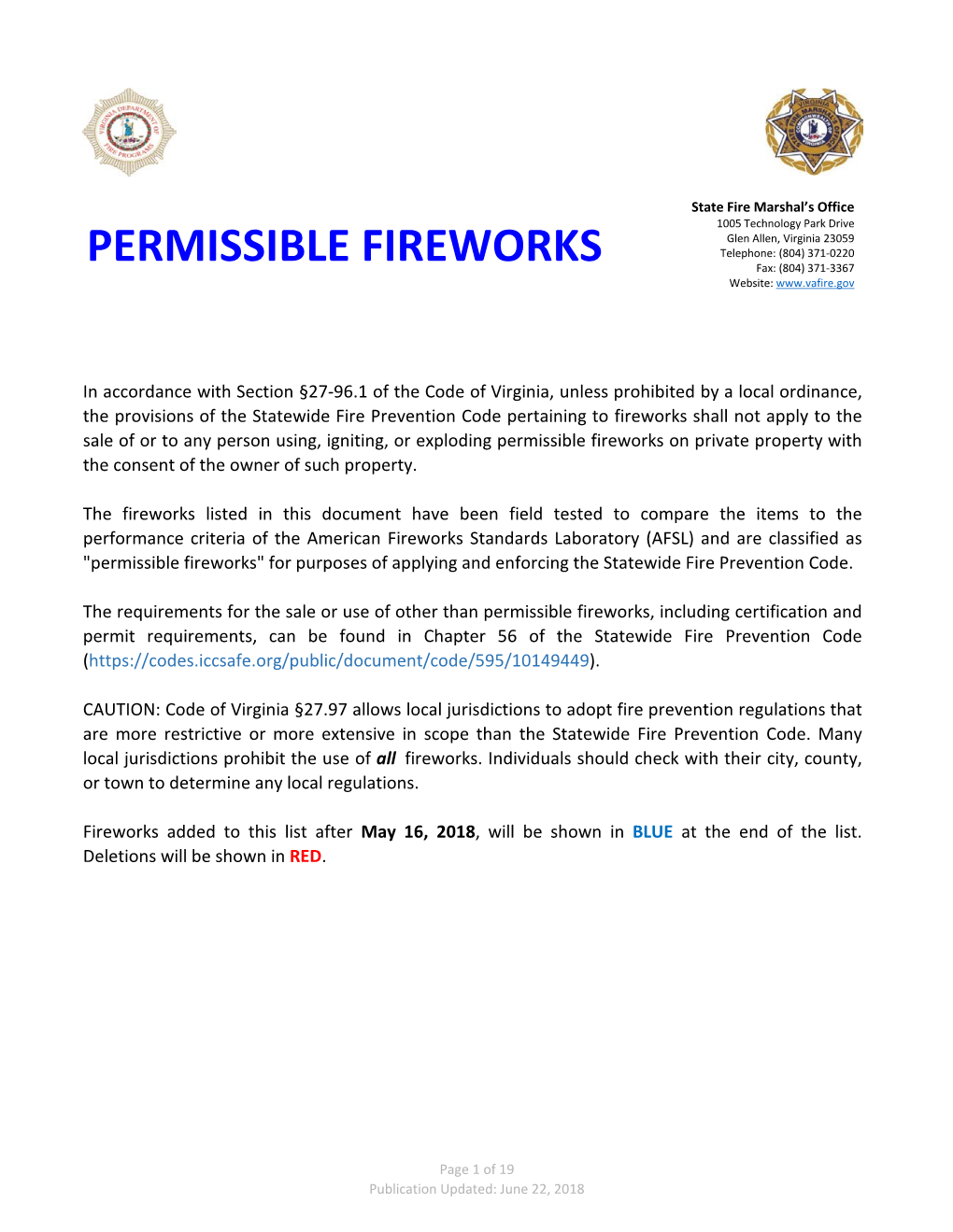 PERMISSIBLE FIREWORKS Fax: (804) 371-3367 Website