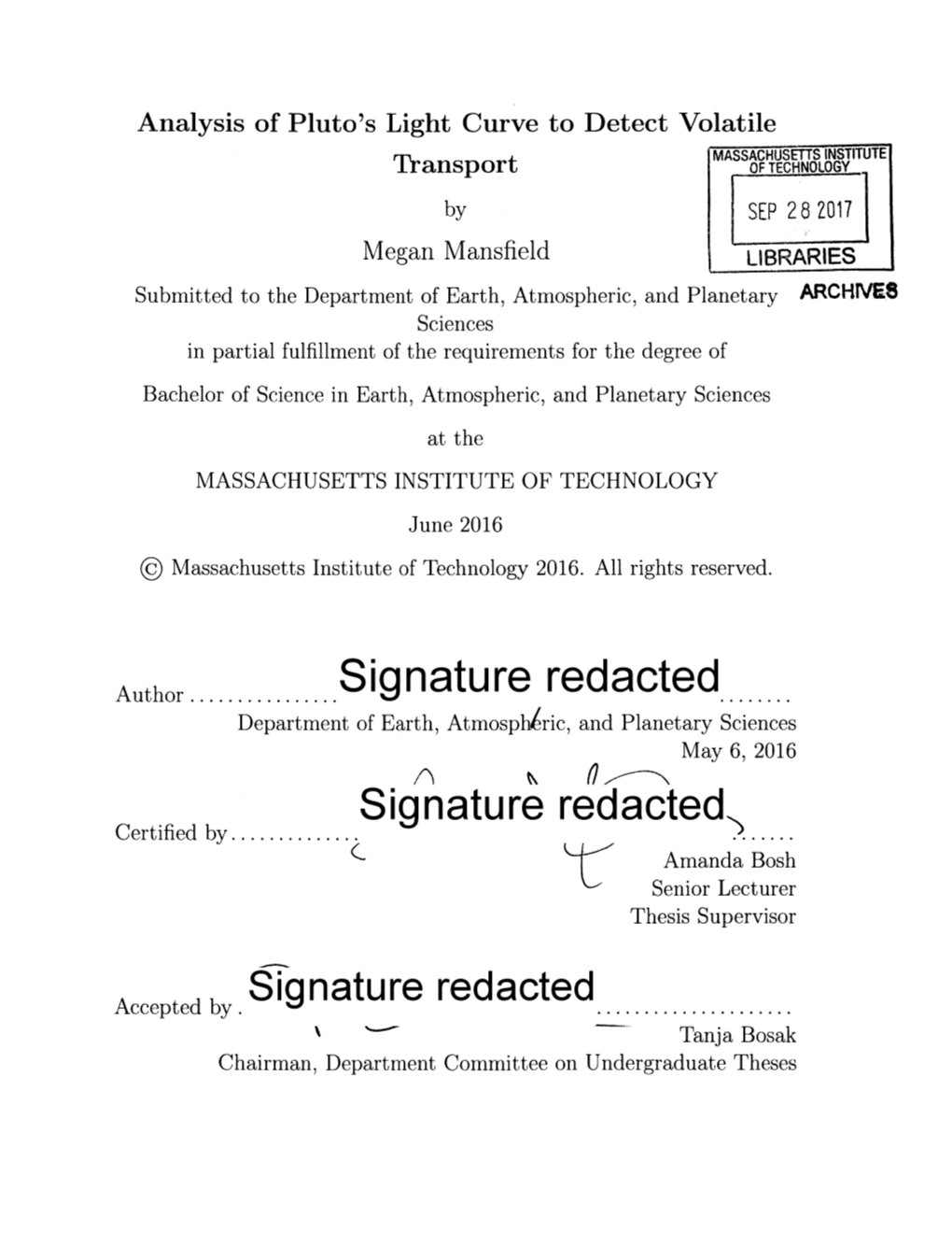 Analysis of Pluto's Light Curve to Detect Volatile MASSACHUSETS INSTITUTE Transport of TECHNOLOGY