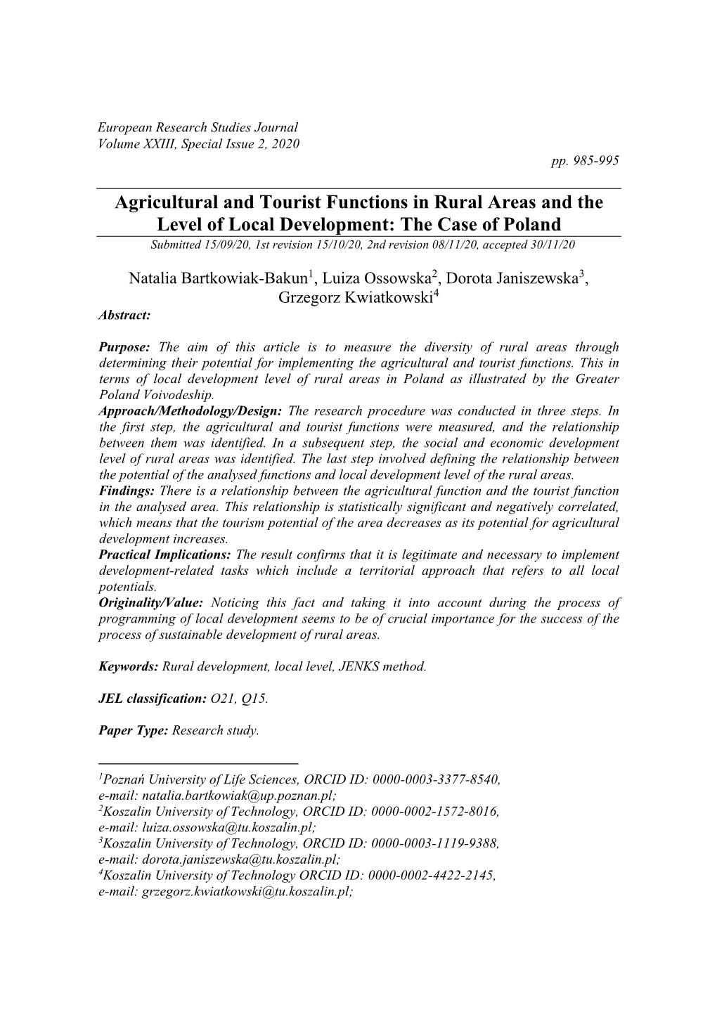 Agricultural and Tourist Functions in Rural Areas and the Level of Local