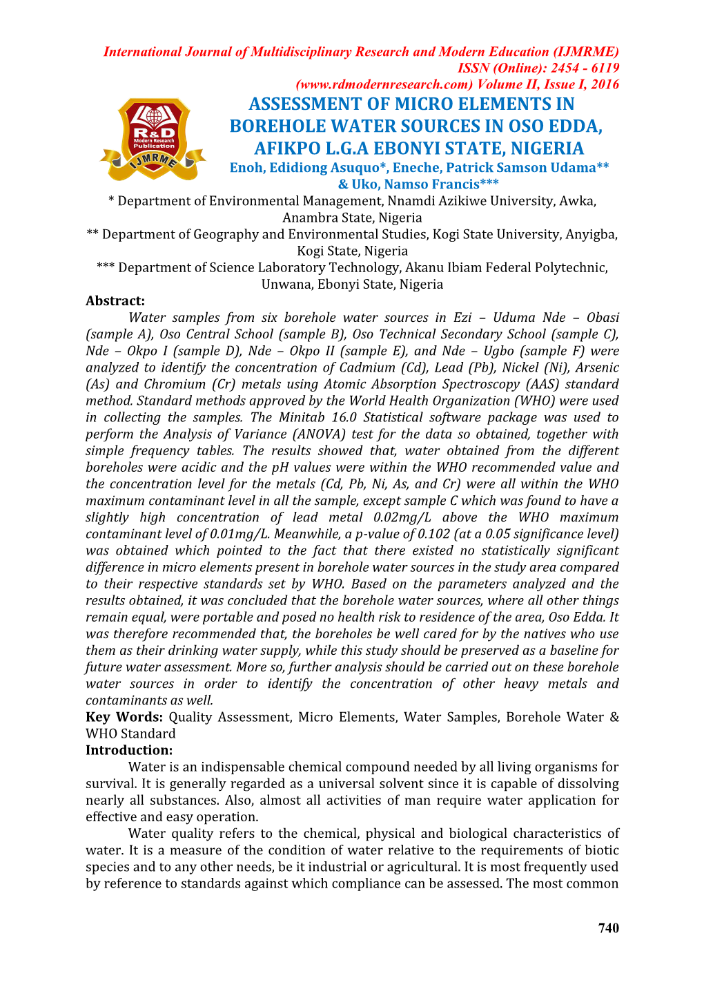 Assessment of Micro Elements in Borehole Water Sources in Oso Edda