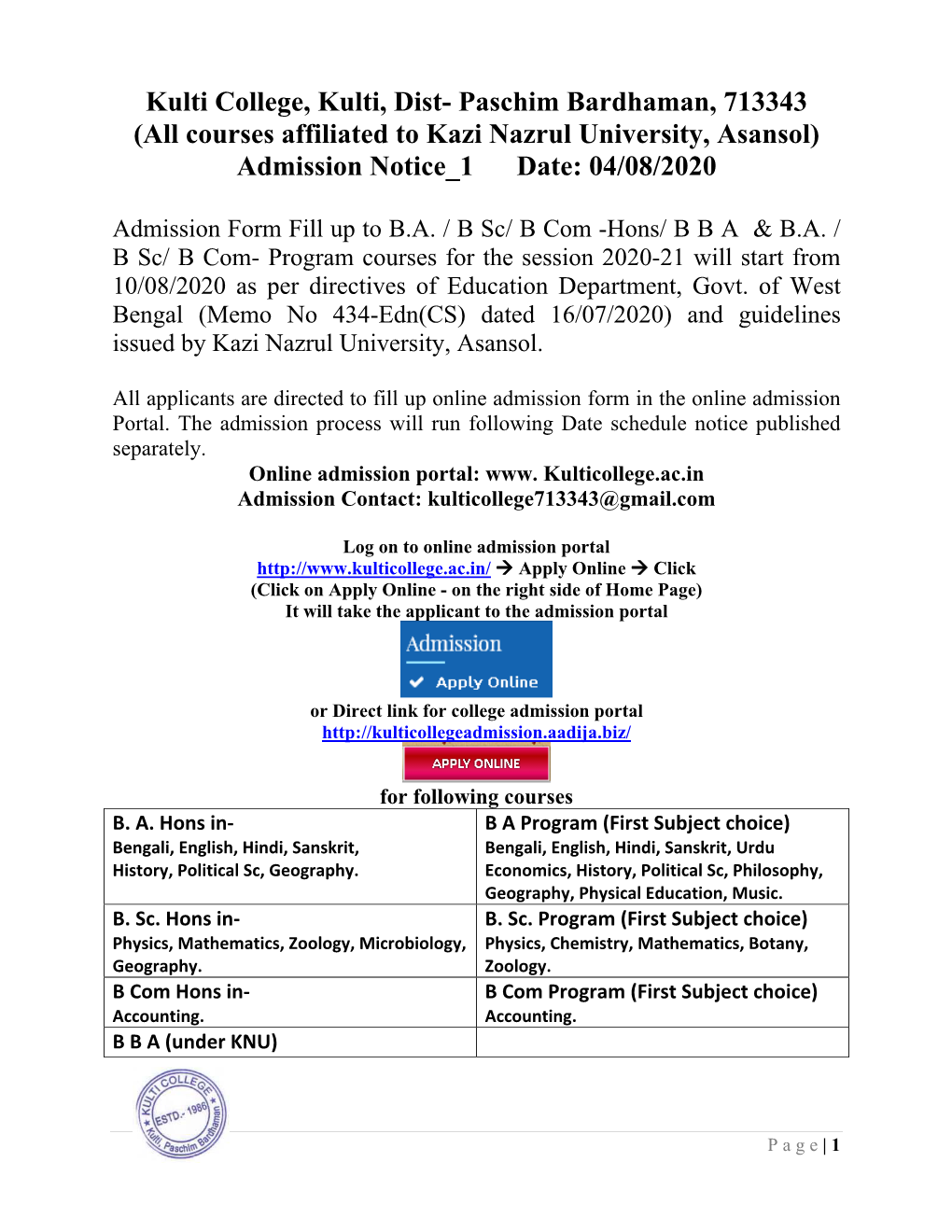 Courses Affiliated to Kazi Nazrul University, Asansol) Admission Notice 1 Date: 04/08/2020