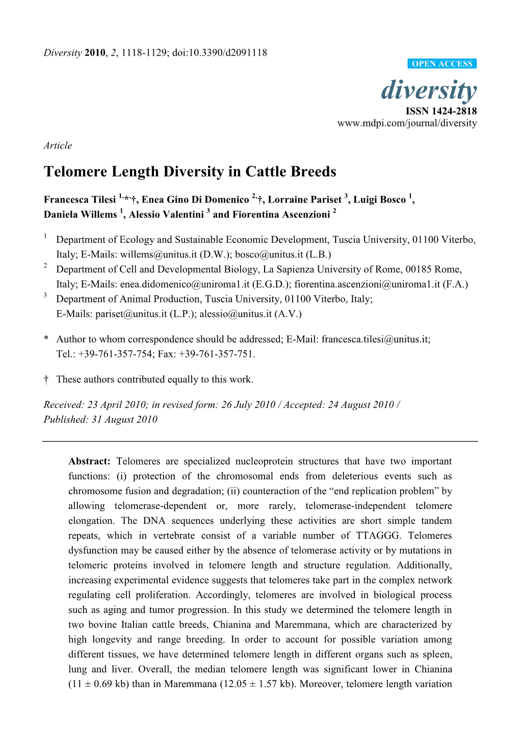 Telomere Length Diversity in Cattle Breeds