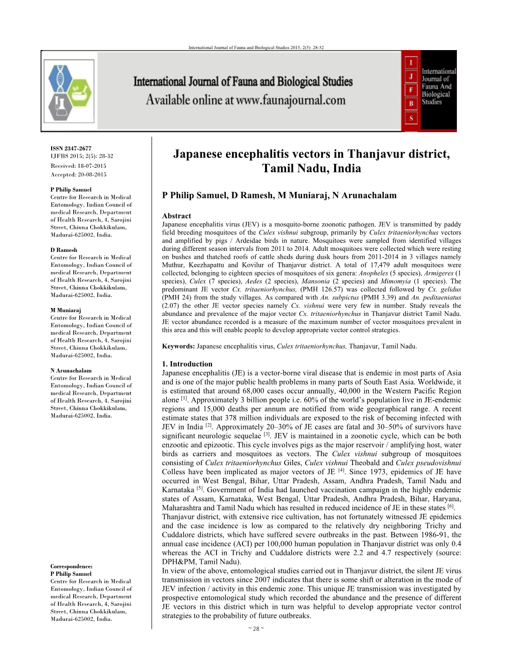 Japanese Encephalitis Vectors in Thanjavur District, Tamil Nadu, India