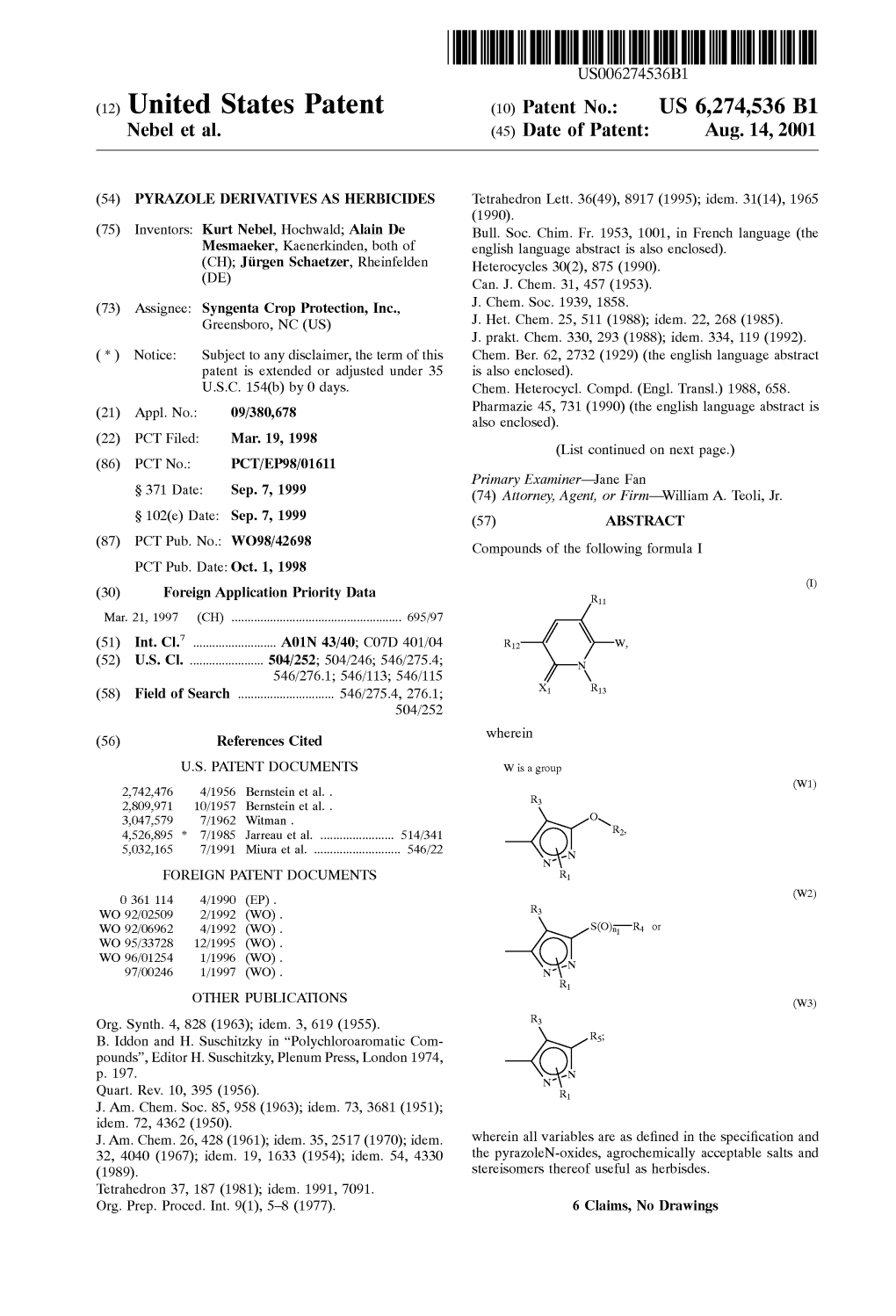 (12) United States Patent (10) Patent No.: US 6,274,536 B1 Nebel Et Al