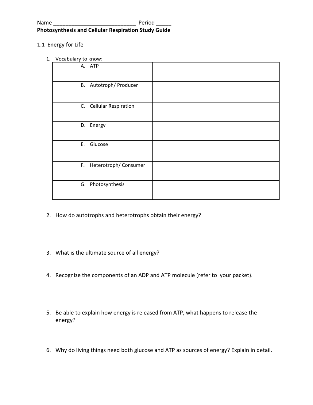 Chapter 8: Photosynthesis Study Guide