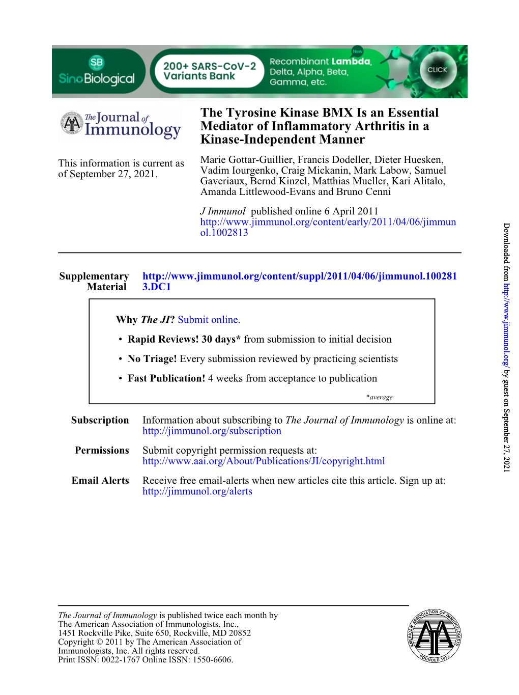 Kinase-Independent Manner Mediator of Inflammatory Arthritis in a The