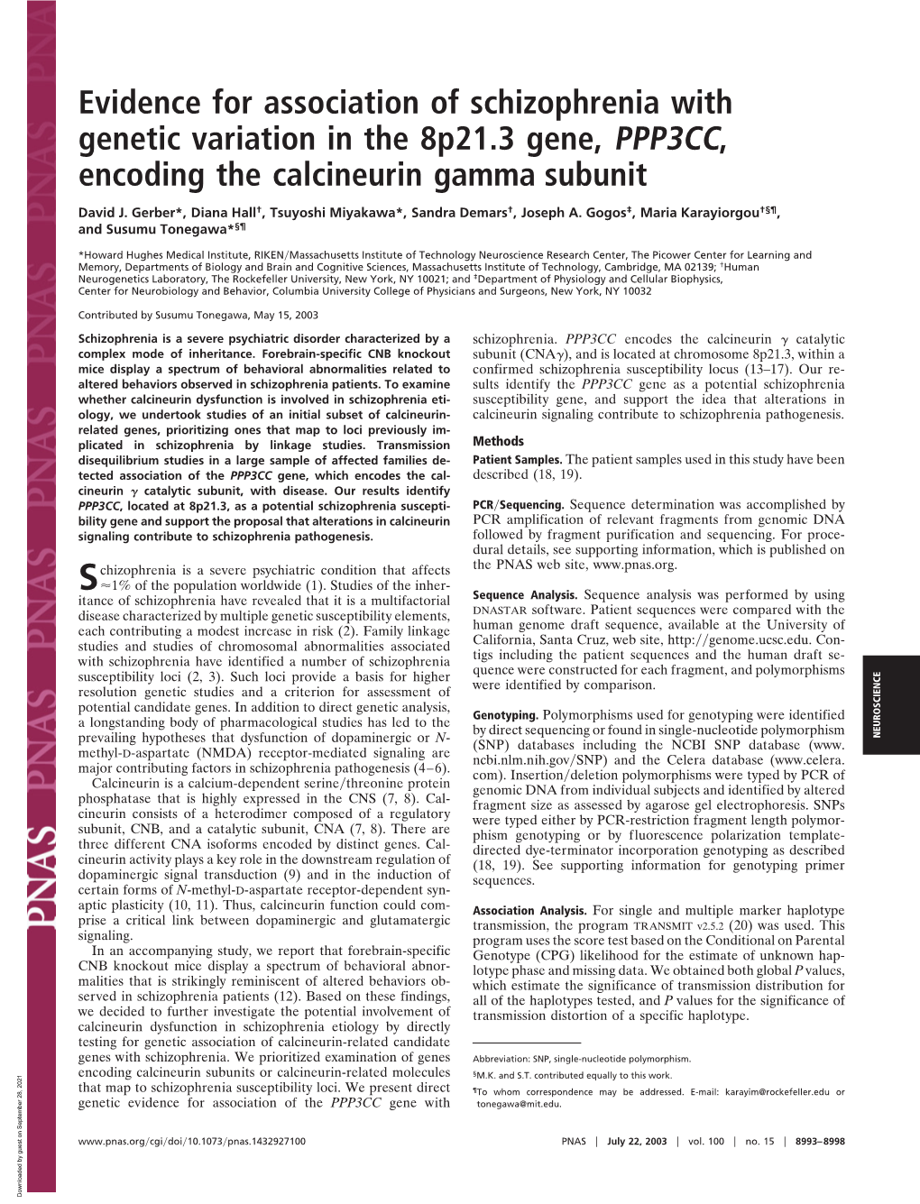 Evidence for Association of Schizophrenia with Genetic Variation in the 8P21.3 Gene, PPP3CC, Encoding the Calcineurin Gamma Subunit