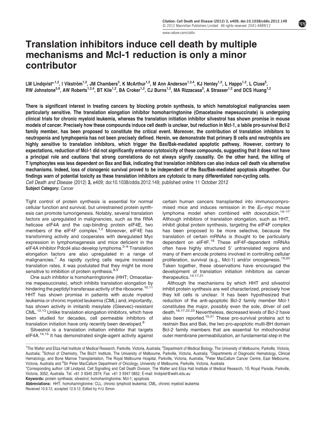 Translation Inhibitors Induce Cell Death by Multiple Mechanisms and Mcl-1 Reduction Is Only a Minor Contributor