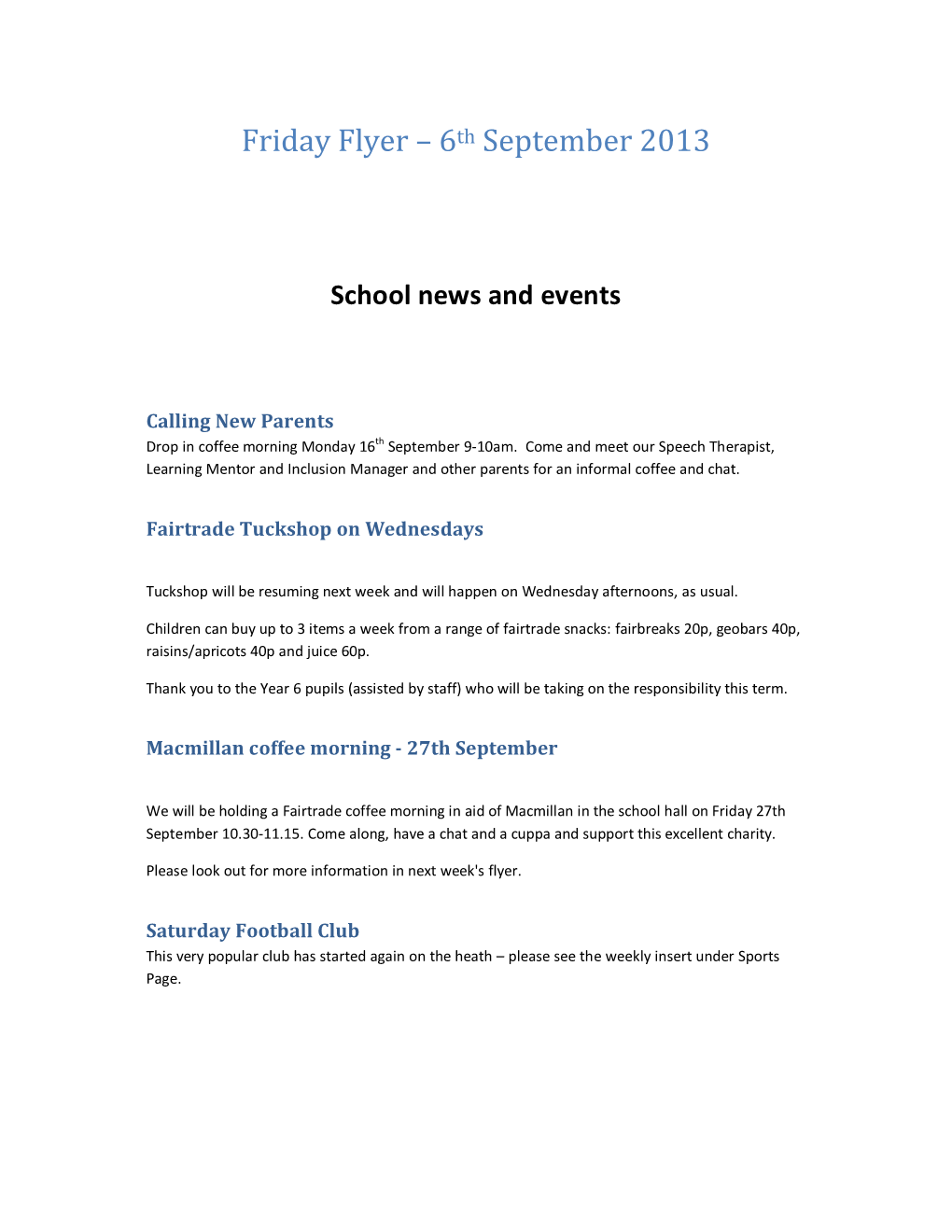 Friday Flyer – 6Th September 2013