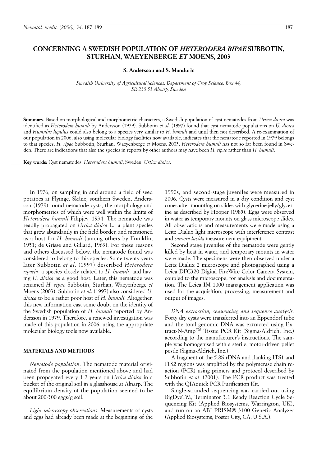 Concerning a Swedish Population of Heterodera Ripae Subbotin, Sturhan, Waeyenberge Et Moens, 2003