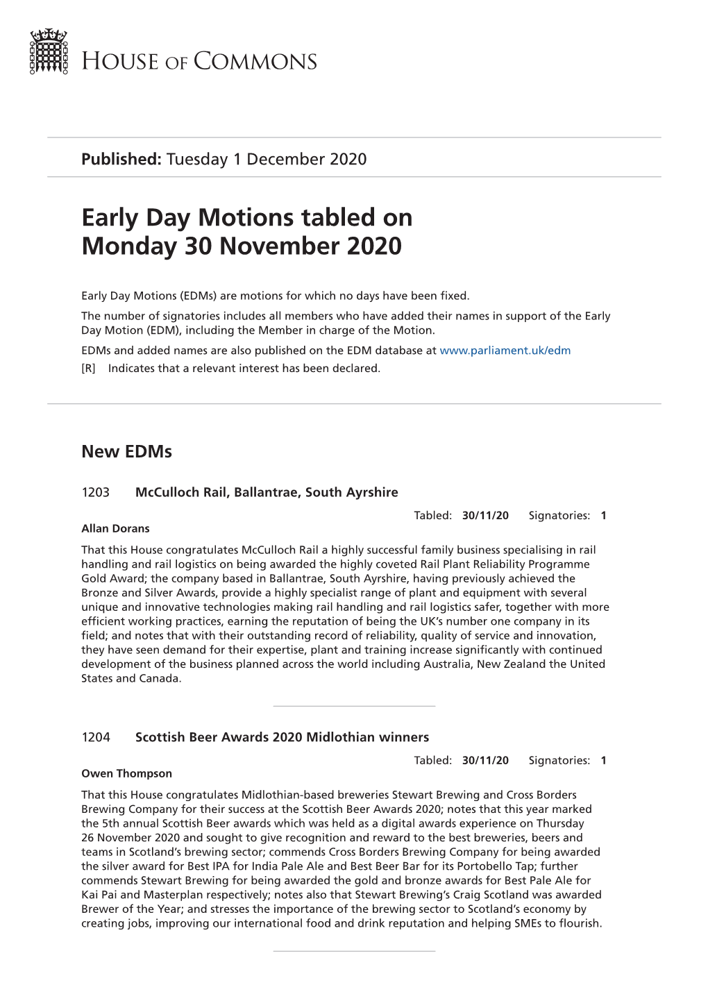 Early Day Motions Tabled on Monday 30 November 2020