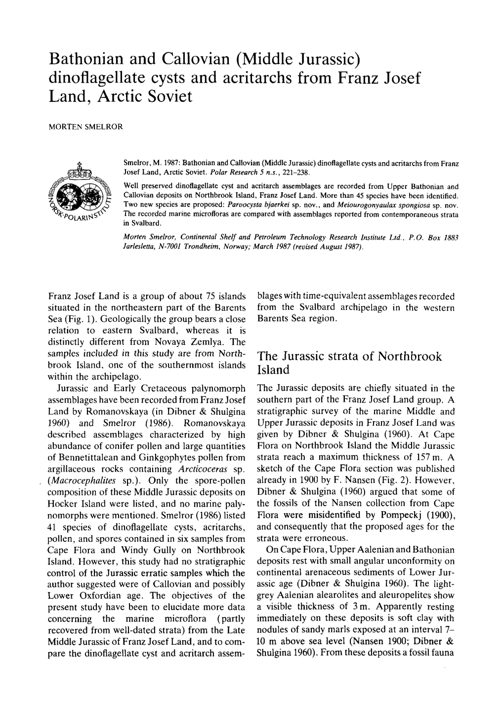 Dinoflagellate Cysts and Acritarchs from Franz Josef Land, Arctic Soviet