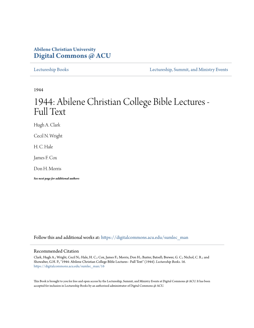 Abilene Christian College Bible Lectures - Full Text Hugh A