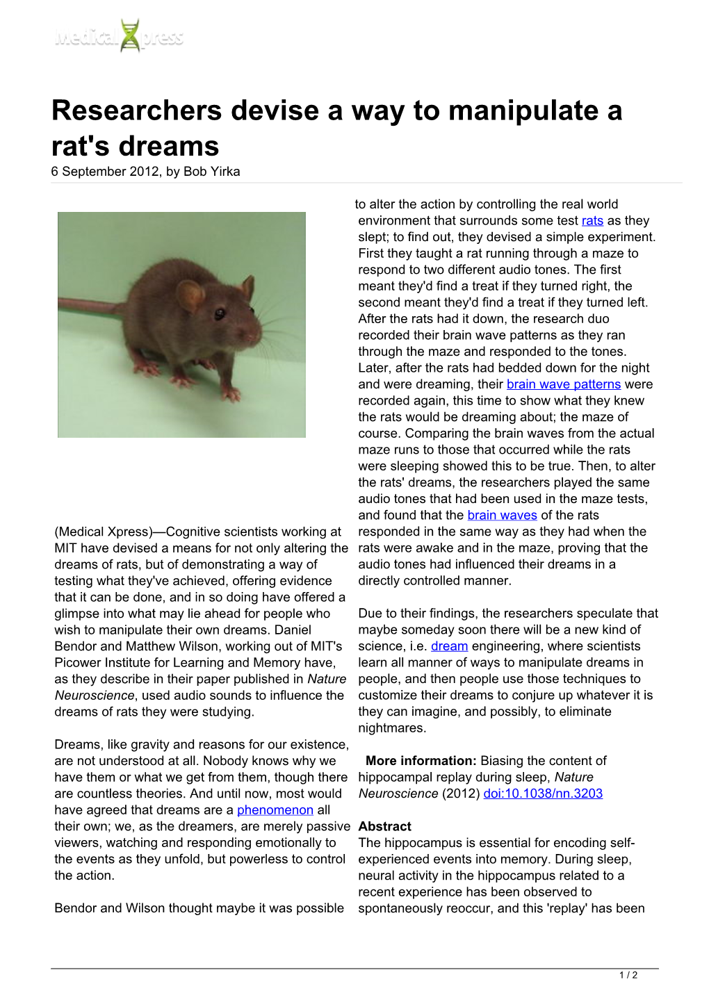 Researchers Devise a Way to Manipulate a Rat's Dreams 6 September 2012, by Bob Yirka