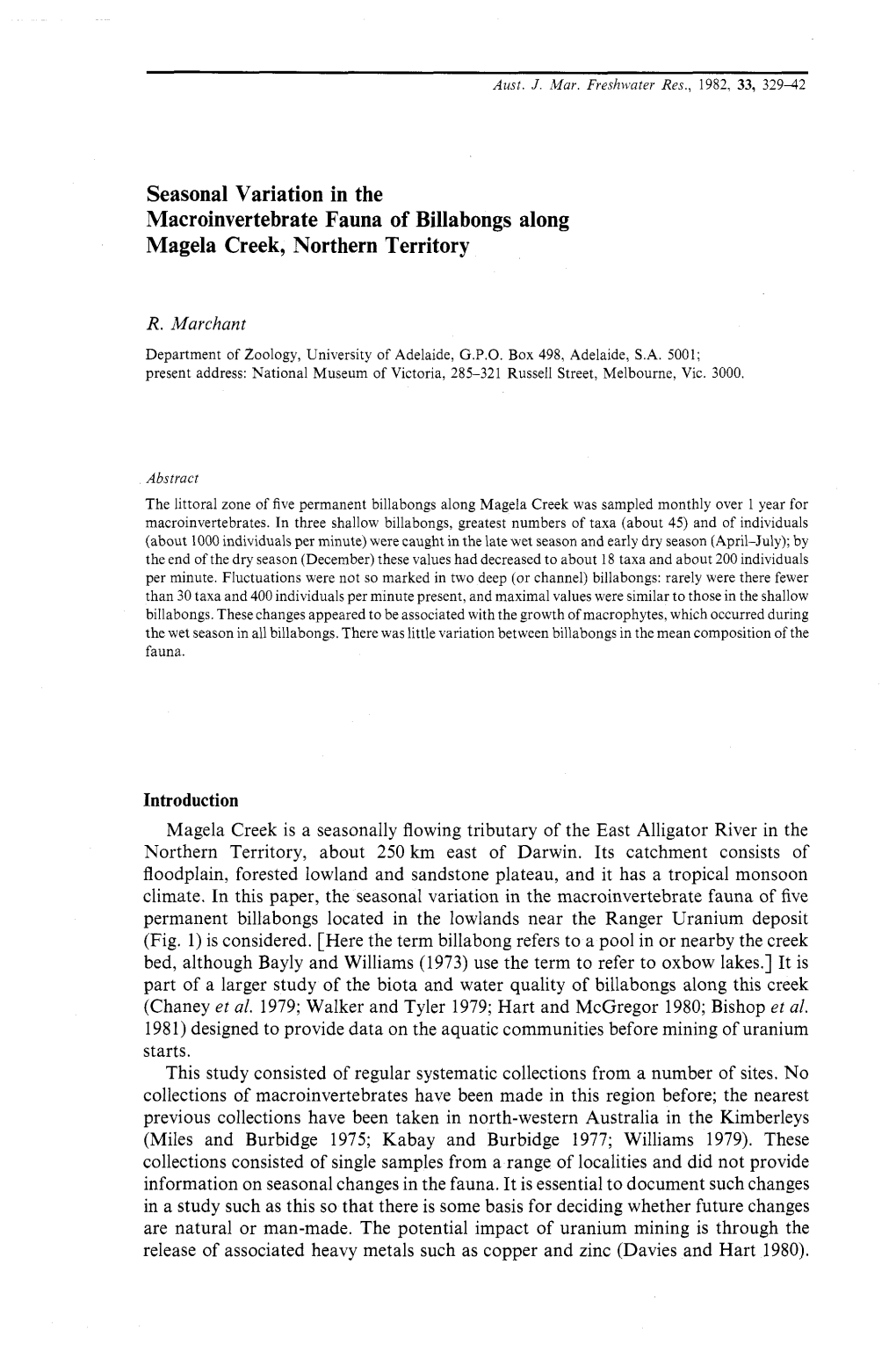 Seasonal Variation in the Macroinvertebrate Fauna of Billabongs Along Magela Creek, Northern Territory