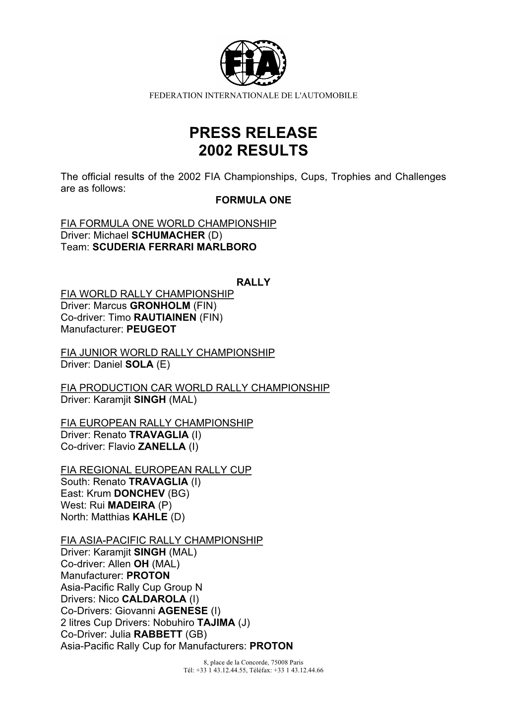 Press Release 2002 Results