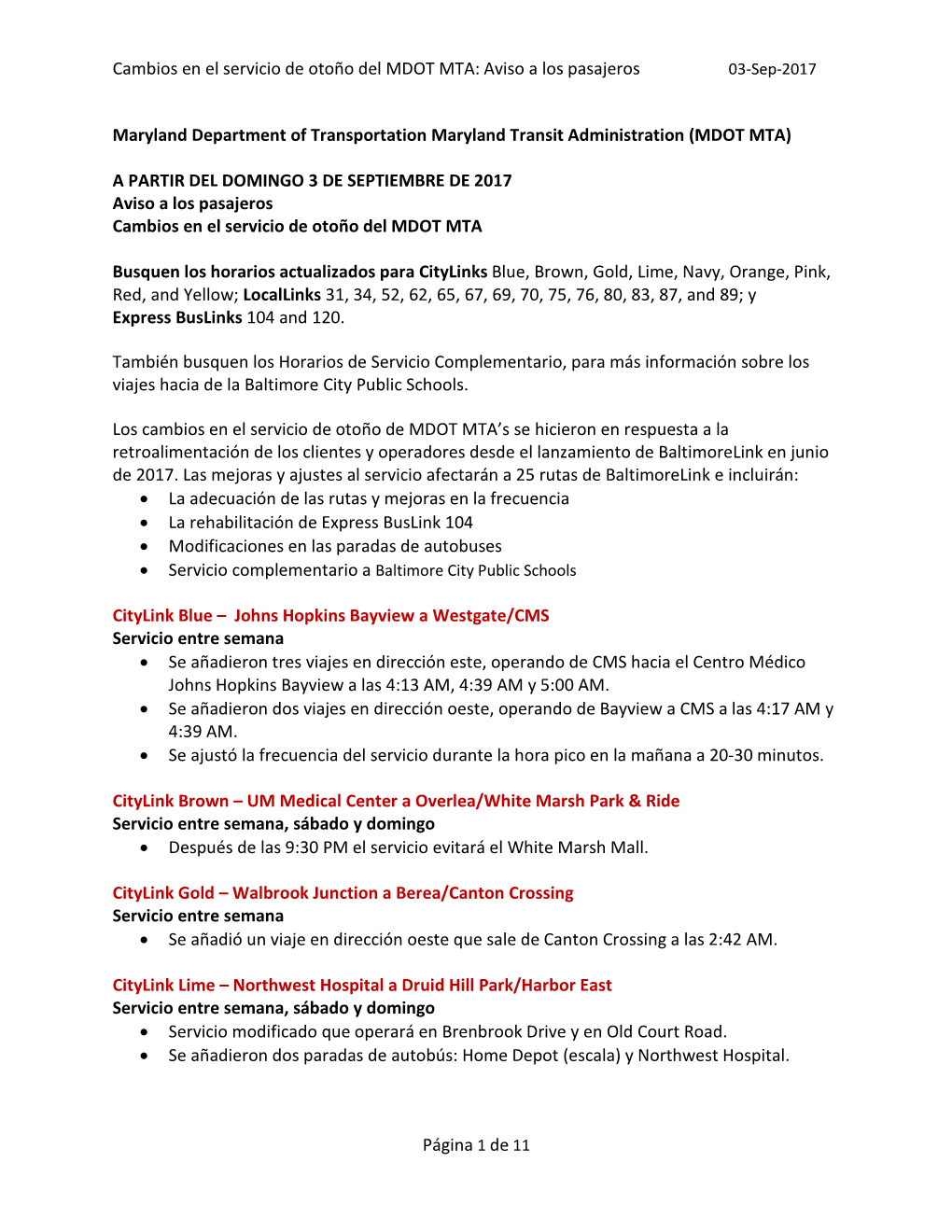 Cambios En El Servicio De Otoño Del MDOT MTA: Aviso a Los Pasajeros 03-Sep-2017