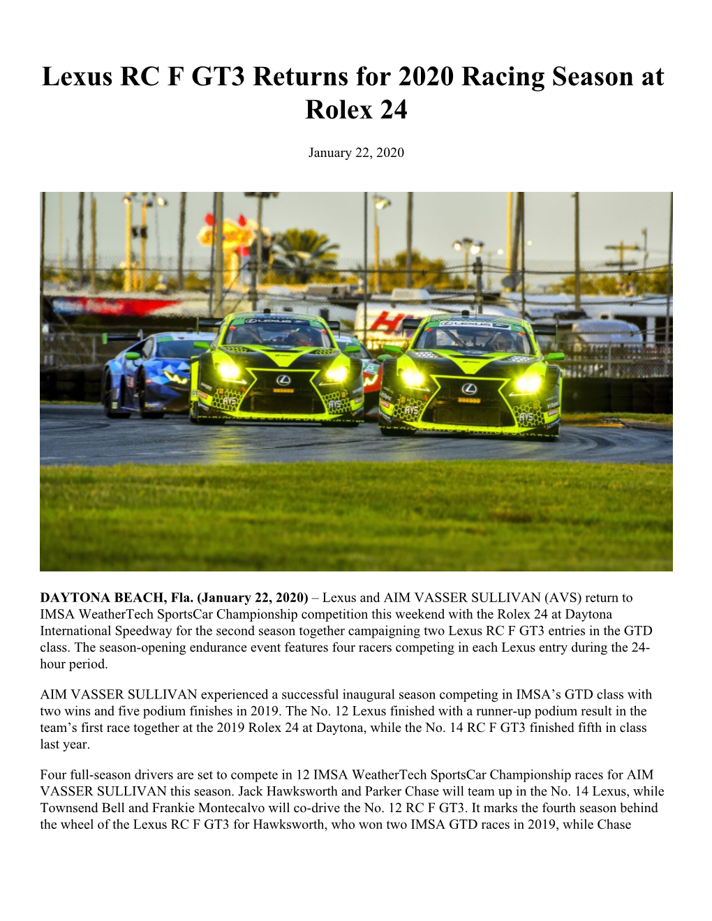 Lexus RC F GT3 Returns for 2020 Racing Season at Rolex 24