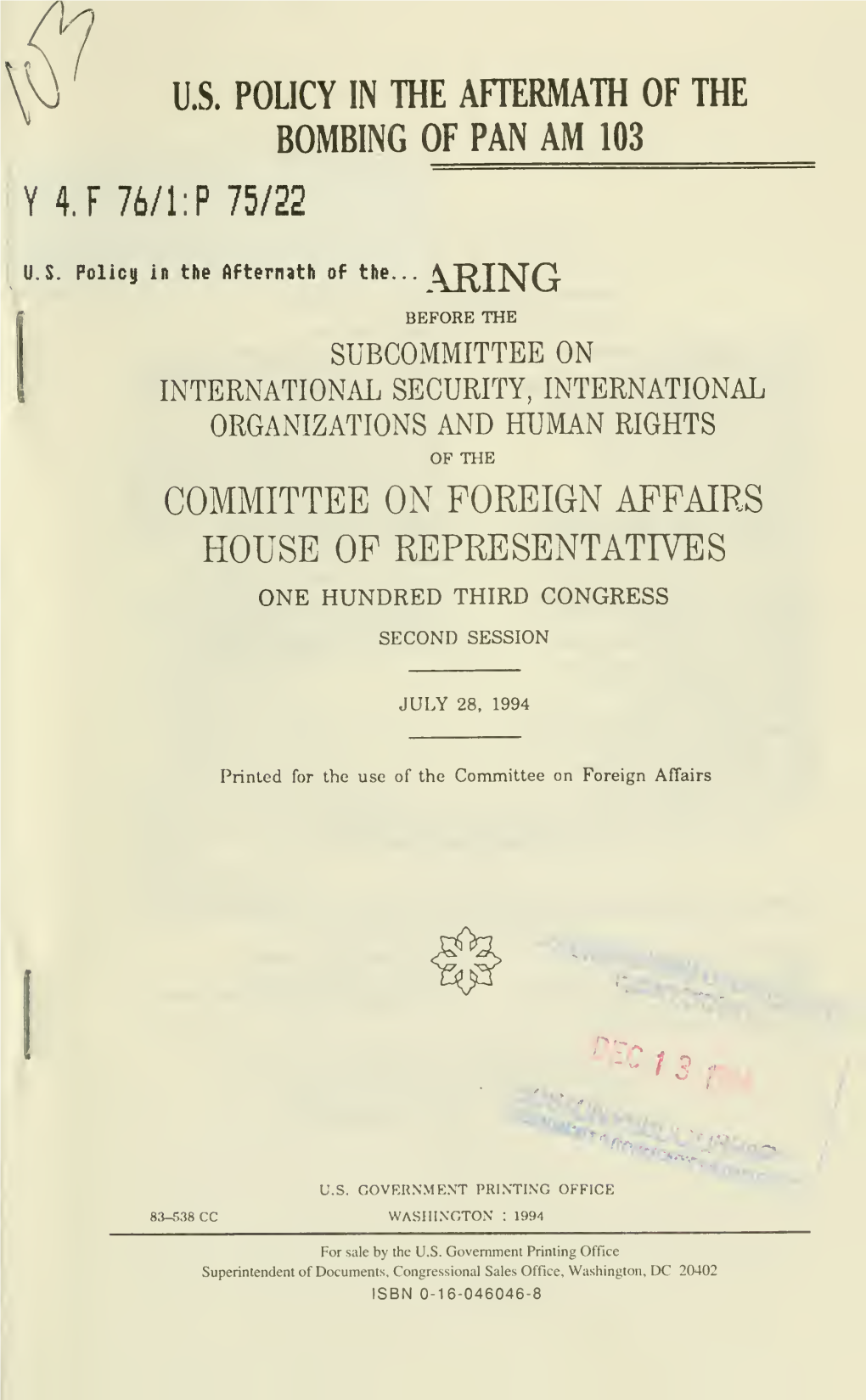 Committee on Foreign Affairs House of Representatives One Hundred Third Congress Second Session